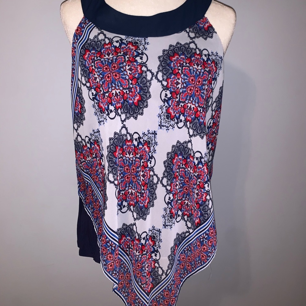 AB Studio Blue Red White Print Blouse Size Large